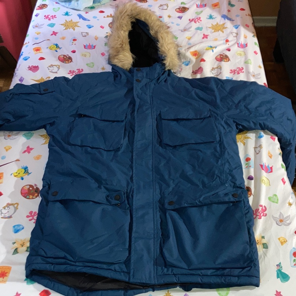 Men's Navy Parka with Faux Fur Trim
